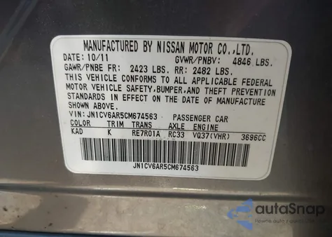 2012 Infiniti G37X from USA, damaged, VIN JN1CV6AR5CM674563